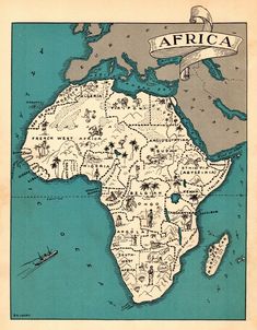 an old map of africa is shown in blue and brown colors with a banner that says africa on it