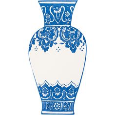 a blue and white vase sitting on top of a white table next to a wall