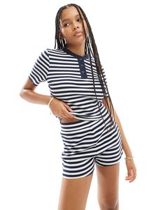 Top by ASOS DESIGN Part of a set Shorts sold separately Stripe design Crew neck Short sleeves Button detail Regular fit Waffle Henley, Henley T Shirt, Leggings Sale, Long Sleeve Floral Dress, Sweaters And Leggings, Co Ord Set, Maxi Dress Trend, Swimwear Sale, T Shirt Vest