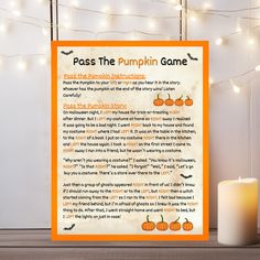 a pumpkin themed poem is displayed next to a lit candle and some lights on the wall