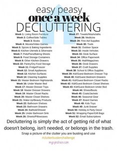 a poster with the words, easy peasy once a week decluttering