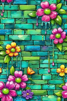 a painting of flowers on a brick wall with water dripping from the top and bottom