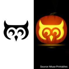 two pumpkins with an owl carved into them