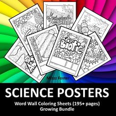 four coloring sheets with the words physical science on them in black and white, surrounded by colorful