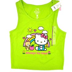 Hello Kitty Always Be Kind Girls T Shirt Sleeveless Summer Tee Size XL Green Glo Stand out with this vibrant green Hello Kitty Always Be Kind T-Shirt. Perfect for summer and spring, this sleeveless tee is made of a comfortable knit fabric that includes polyester, spandex, and cotton. It features a cute scoop neckline, a pullover closure, and fun accents with a Hello Kitty logo that glows in the dark. Your little girl will love the rainbow, teddy, and Hello Kitty characters printed on this T-shir Cute Stretch Cotton Tank Top, Green Cotton Y2k Tank Top, Y2k Sleeveless T-shirt For Spring, Playful Hello Kitty Tops For Spring, Spring Hello Kitty Playful Tops, Cute Sleeveless Cotton T-shirt, Fitted Hello Kitty Top For Spring, Fitted Hello Kitty Tops For Spring, Fitted Cotton Hello Kitty Top