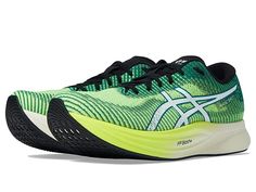 ASICS Magic Speed 2 - Men's Shoes : Safety Yellow/White : Reach your personal best in the ASICS Magic Speed 2 sneakers. Traditional lace-up closure offers a secure fit. Classic round toe silhouette. FF BLAST (FLYTEFOAM BLAST) is a lightweight, midsole foam with energetic and highly responsive cushioning and bounce. Textile and synthetic upper. Textile lining and insole. ASICSGRIP rubber outsole improves traction. Imported. Measurements: Weight: 9 oz Product measurements were taken using size 9.5 Green Athletic Fit Lace-up Running Shoes, Green Slip-resistant Lace-up Running Shoes, Sporty Green Slip-resistant Running Shoes, Green Slip-resistant Functional Running Shoes, Green Lace-up Running Shoes For Training, Shoes Asics, Sneakers Athletic, Hoka Running Shoes, Yellow White