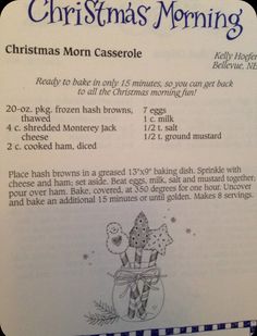 the recipe for christmas morning is shown in an open book with instructions on how to make it