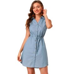 A versatile summer style, Allegra K has taken the casual denim shirt dress and elevated it for the warm weather. Cut to a fitted silhouette, the sleeveless style and gentle pleated design make the skirt a fuller shape. Designed in a classic shirtdress shape with sleeveless details, this piece has been elevated with a drawstring waist and a full placket for a flattering silhouette. Framed by a turndown collar, pair yours with sandals or high heels. Jean Shirt Dress, Casual Denim Shirt, Dress Light Blue, Causal Dresses, Chambray Shirt Dress, Classic Shirt Dress, Jean Shirt, Belted Shirt Dress, Denim Shirt Dress