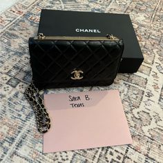 Chanel Wallet On Chain. Black And Gold. Lambskin. Classic Clutch Flap Bag, Black Rectangular Flap Bag, Formal Flap Shoulder Bag With Original Box, Evening Crossbody Clutch With Original Box, Designer Rectangular Wallet On Chain For Business, Designer Business Wallet On Chain, Black Wallet On Chain For Evening, Classic Clutch For Formal Occasions, Designer Bags With Chain Strap And Double Flap