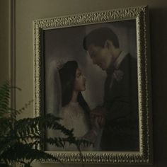 a portrait of a bride and groom is hanging on the wall next to a potted plant