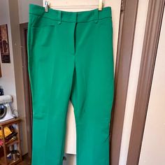 These Are A Pair Of Gorgeous Green Slacks. They Are 52% Cotton, 45% Polyester And 3% Spandex. These Are Long -- I Ordered In Both 16t And 18t, And The 16t Fit, And Forgot To Return These, So My Loss Is Your Gain! Green Full-length Bottoms For Office, Green Full-length Pants For Office, Green Full-length Office Bottoms, Green Full-length Office Pants, Green Full Length Bottoms For Office, Classic Green Stretch Bottoms, Green Ankle-length Elastane Pants, Green Stretch Straight Leg Dress Pants, Green Full-length Dress Pants For Work