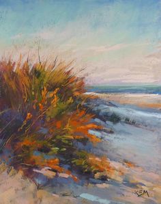 an oil painting of grass and sand on the beach