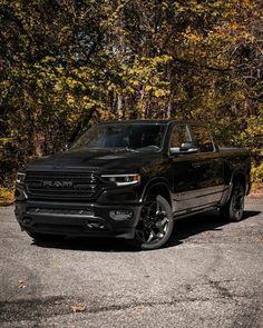 a black truck parked in front of some trees