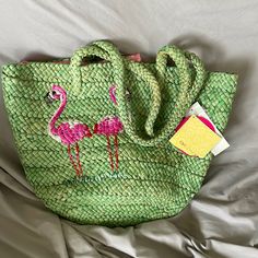 Beach Tote Bag Brand Qvc Color Green With Two Pink Flamingos Pink With Pink Polkadots On The Inside Closes At Top To Keep Sand Out Woven Style Bag. Very Roomy New With Tags Tote Beach Bag, Beach Tote Bag, Beach Tote Bags, Beach Tote, Bag Brand, Pink Flamingos, Beach Bag, Womens Tote Bags, Flamingo