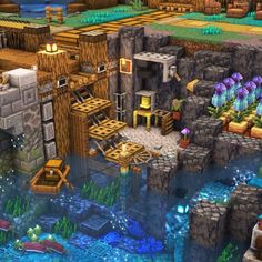 an image of a video game scene in the style of minecraft with lots of wood and stone structures