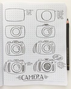 an open notebook with drawings of cameras on it and the words camera written in black ink