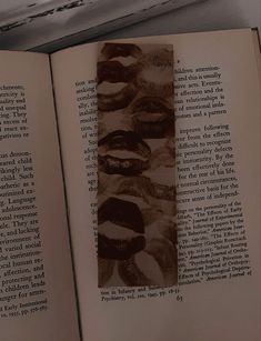 an open book with pictures of lips on it's pages and the title page is brown