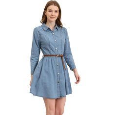 If you're looking for a versatile and stylish addition to your wardrobe, consider this timeless chambray dress. This button-down shirt dress features a flattering gathering around the waist and comes with a sleek PU belt, adding a feminine touch to your everyday look. You can pair it with knee-length boots or sneakers, and it's perfect for any occasion, including dates, weekends, parties, work, office, trips, and more. With its effortless style and comfortable fit, you'll love wearing it any day Spring Denim Blue Shirt Dress With Button Closure, Chambray Button-up Denim Dress For Day Out, Button-up Denim Blue Dress, Denim Blue Knee-length Shirt Dress With Button Closure, Light Wash Button-up Dress For Work, Light Wash Button-up Work Dress, Light Wash Chambray Button-up Denim Dress, Spring Collared Denim Dress With Buttons, Light Blue Cotton Button-up Shirt Dress