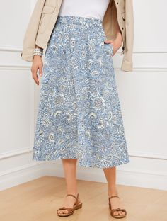 Our must-have fit & flare skirt in cool, crisp cotton poplin with a pretty herb vines print. Drapes beautifully with a comfortable elastic waist and on-seam pockets. Effortless pull-on styling. Features Full Hits Below KneePull on closureOn-seam pocketsImported Fit: Misses: 31"; Petite: 28"; Plus: 31"; Plus Petite: 28" Material: 100% Cotton Care: Machine Wash Cold; Only Non-Chlorine Bleach When Needed; Tumble Dry Low; Warm Iron, If Needed | Poplin Fit & Flare Skirt - Herbaceous Vines - 100% Cotton Talbots Skirts Outfits, Fit And Flare Skirt, Classic Style Women, Blue Hydrangea, Women's Skirts, Skirt Outfits, Flare Skirt, Cotton Poplin, Modern Classic