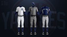 the new york yankees uniforms are displayed in front of a dark background