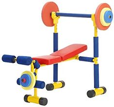 a child's gym bench with two different colored bars and wheels on the back