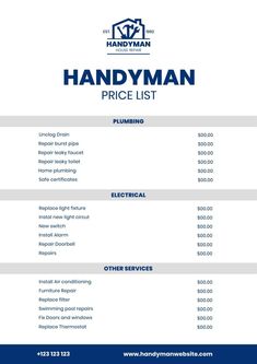 the handyman price list is shown in blue, white and gray colors with an image of