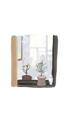 two potted plants sit on a window sill in front of a white wall