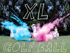 a group of people playing with colored powder in the grass and text that reads xxl golf ball