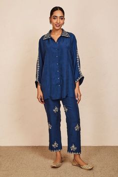 Two Piece Casual Outfits, Diwali Edit, Wide Leg Pants Winter, Embroidery On Collar, Indian Closet, Silk Button Down Shirt, Co Ords Outfits, Coord Sets, Women Embroidery