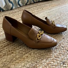 Camel / Cognac Colored Heeled Loafers. Gold Hardware And Stacked Heel. Great Condition With Tiniest Scuff On Inside Left Loafer. See Pic, Barely Noticeable. Beige Block Heel Loafers For Formal Occasions, Gold Heels With Leather Sole For Work, Elegant Beige Leather Shoes For Fall, Elegant Brown Almond Toe Moccasins, Brown Leather Block Heel Shoes For Work, Brown Leather Shoes With Block Heel For Work, Elegant Beige Square Toe Loafers, Chic Brown Leather Shoes For Work, Beige Leather Shoes For Formal Occasions In Fall