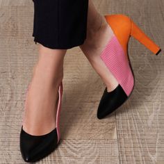 Beautiful Fun, Multi-Colored Pumps In Black, Pink, And Orange. Architectural Footwear. New With Box. Balenciaga Heels, Tri Colour, Shoe Gallery, Colour Blocking, Balenciaga Shoes, Stilts, All About Shoes, Fabulous Shoes, Carrie Bradshaw