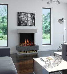 a modern living room with a fireplace in the center