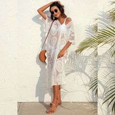 F00109295-100 Chic Tunic Cover-up For Beach Season, One-piece Dress For Spring Vacation, Spring One-piece Maxi Dress, Beach Sundress In One-piece Style, Spring Beach Party One-piece Cover-up, Summer Sundress Cover-up For Day Out, One-piece Sundress For Vacation, Vacation One-piece Sundress, White V-neck Boho Dress For Summer