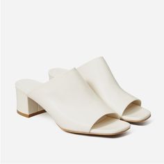 Soft White Cream Leather Peep Toe Block Heel Mule Sandals. New But Note There Are A Few Marks. Not Noticeable And You Might Be Able To Wash Off With Soap And Water Or A Magic Eraser. Open To Offers. White Block Heels, Block Heel Mule, Everlane Shoes, Heeled Mules Sandals, Black Block Heels, Clog Heels, Magic Eraser, Bone White, Mule Sandals