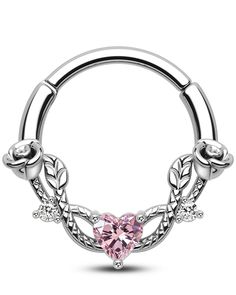 a pink heart shaped nose ring with leaves on the side and an oval design around it