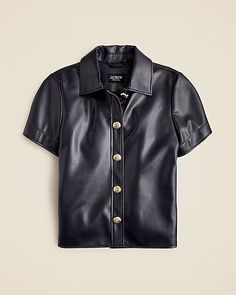 J.Crew: Collection Gamine Shirt With Oversized Buttons In Faux Leather For Women Sleek Collared Top With Button Closure, Sleek Button-up Fall Tops, Sleek Fall Button-up Tops, Sleek Button-up Tops For Fall, Chic Snap Button-up Tops, Chic Button-up Tops With Snap Buttons, Chic Collared Top With Covered Buttons, Black Leather Button-up Top, Trendy Formal Shirt With Buttons