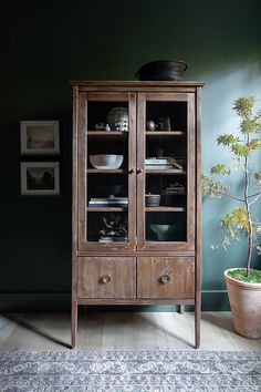 a wooden cabinet sitting next to a potted plant