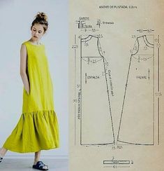 a woman in a yellow dress next to a drawing of a pattern for a dress