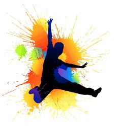 the silhouette of a basketball player is splattered with colors