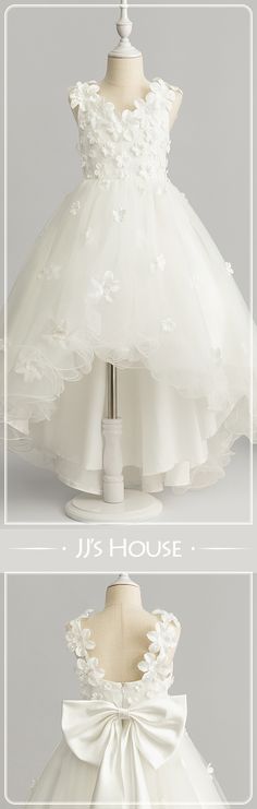 A beautiful asymmetrical flower girl dress embellished with fresh flowers: suitable for a delightful outdoor wedding! Click on the picture to explore more colors! #JJsHouse #JJsHouseOfficial #FlowerGirl #FlowerGirlDress #Cute #Ivory #IvoryDress #PrincessDress #Asymmetrical #Tulle #Sleeveless #Vneckline #Beading #Flowers #Bow Beading Flowers, Tulle Flower Girl Dress, Ball Gowns Princess, Tulle Flower Girl, Flower Girl Dresses Tulle, Ivory Dresses, Flower Girl Dress, Girl Dresses, Tulle Dress