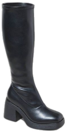 Wide Calf High Heel Knee-high Boots, Black Fitted Tall Heeled Boots, Black Mid-calf Heeled Boots For Formal Occasions, Black Tall Boots With Stacked Heel, Formal Synthetic Knee-high Boots, Formal Knee-high Polyurethane Boots, Black Tall Knee-high Boots With Reinforced Heel, Black Knee-high Boots With Reinforced Heel, Black Tall Wide Calf Platform Boots