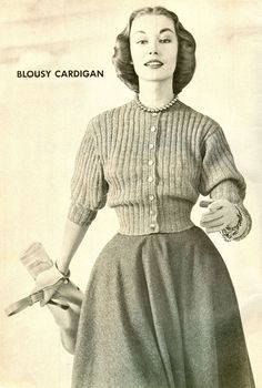 * * * * * * * * * * PATTERN DETAILS * * * * * * * * * * Originally published in Woman's Day 1952 Knitting Annual 'Blousy Cardigan' knitting pattern - 3 pages SIZES Pattern includes instructions for vintage sizes 12 (14, 16). According to the sizing chart included in the book this pattern was originally published in and included in this pattern, these were designed to fit bust 30 (32, 34) inches MATERIALS Bear Brand or Fleisher's Petite Knitting Worsted*: 4 (4,5) 3-oz skeins Knitting needles: No. 2 (2.75 mm) and No. 5 (3.75 mm) Crochet hook Size D/3 (3.25 mm) 8 buttons *Bear Brand or Fleisher's Petite Knitting Worsted was a Sport (#2) weight yarn GAUGE 13 sts = 2 inches; 8 rows = 1 inch * * * * * * * * * * DISCOUNTS * * * * * * * * * * When you spend the dollar amount listed below as a sing Bear Brand, Vintage Vogue Patterns, Patron Vintage, Vogue Knitting, Classic Cardigan, Vogue Pattern, Victorian Lace, Motif Vintage, Vogue Patterns