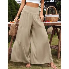 Khaki High Waist Cotton Loose Casual Pants Khaki Full-length Cargo Pants For Summer, Spring Khaki Wide Leg Full-length Pants, High Waist Khaki Wide Leg Pants, Khaki Full-length Parachute Pants For Summer, Full Length Khaki Parachute Pants For Spring, Khaki Non-stretch Wide-leg Pants, Summer Khaki Wide Leg Parachute Pants, Summer Wide Leg Parachute Pants In Khaki, Khaki Wide Leg Parachute Pants For Summer