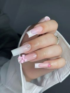 Square Pink Nails Long, Nails Pink Long Square, Long Square Acrylic Nails Pink, Pink Bow Nails Square, Pink Long Nails With Charms, Pink Nails With Bow Charm, Cool Finger Tattoos, Back To School Nails, School Nails