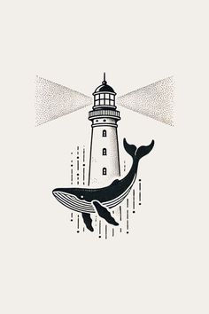 a drawing of a whale with a lighthouse on it's head in the background