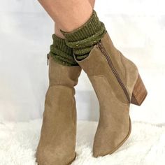 "Lace slouch socks for booties- olive Please NOTE: lace may vary from photo.  This season is all about comfortable yet stylish sock fashion, featuring Mom jeans, slouch socks, and cowboy boots. Our popular olive tweed lace slouch socks are the ideal addition to your booties and ankle boots. Crafted in the USA with a timeless knit, this lace slouch sock can be pulled up with boots or folded over for an alternative look. Adored since 1992, our slouch socks were among the most sought-after in the 9 Cozy Outdoor Socks For Fall, Comfortable Mid-calf Socks For Fall, Trendy Green Fall Socks, Slouchy Socks Outfit, Sock Fashion, Women's Fall Fashion, Lace Ankle Socks, Slouch Socks, Knitted Lace