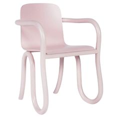 a pink plastic chair with curved legs and a bent armrest on an isolated white background