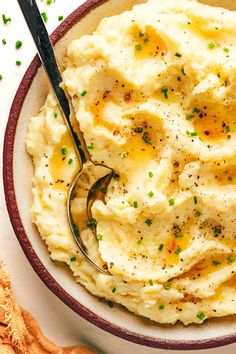 mashed potatoes in a bowl with a spoon