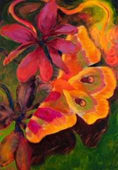 an oil painting of flowers and butterflies on a green background with red, orange, yellow and pink colors