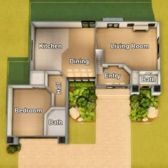 an overhead view of a floor plan with three rooms and two bathrooms in the center